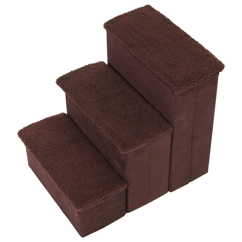 PawHut Foldable Pet Stairs, 3 Step Portable Dog Cat Ladders with Washable Fleece Faux Suede Cover, for Mobility Assistance Brown