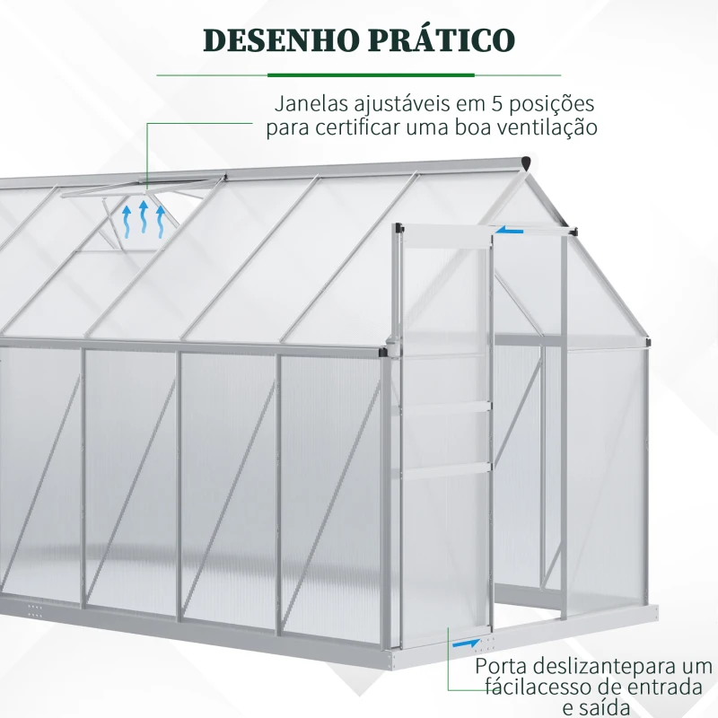 Outsunny Estufa de Jardim de Policarbonato e Alumínio Estufa de Exterior com Porta Corredeira e 2 Clarobóias para Cultivo de Plantas Sementes 190x375x199cm Transparente