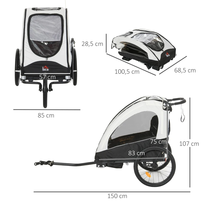 HOMCOM Child Bike Trailer 3 In1 Foldable Jogger Stroller 2-Seater Baby Stroller Transport Buggy Carrier with Shock Absorber System Rubber Tires Adjustable Handlebar Kid Bicycle Trailer White and Black