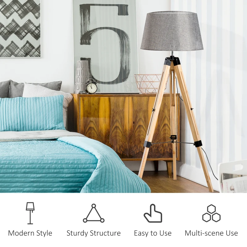 HOMCOM Floor Lights for Bedroom, Wood Floor Lamp, Grey, Tripod,for Living Room Linen Shade E27 Bulb 3.5m Electric Wire Cable Bedside