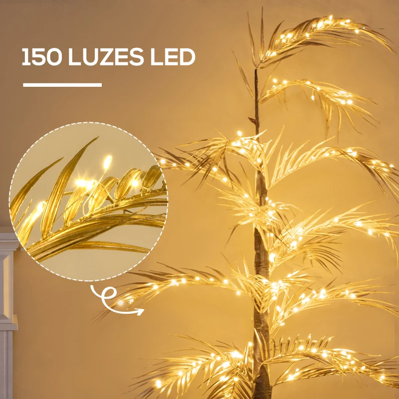 HOMCOM Árvore Palmeira com 150 Luzes LED IP44 Branco Quente Árvore Decorativa para Festas Interior 21x21x150cm Dourado
