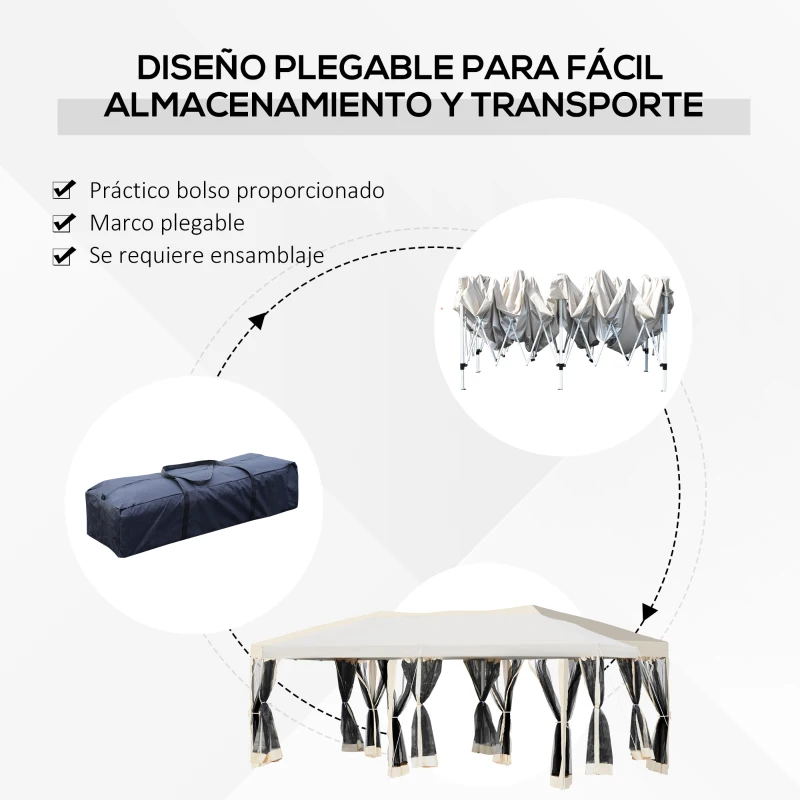 Outsunny Carpa Plegable 6x3 m Cenador para Jardín Gazebo con 6 Cortinas Mosquitera y Cremallera Bolsa de Transporte Impermeable para Exterior Crema