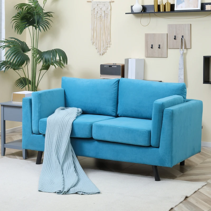 HOMCOM Divano 2 Posti Moderno con Braccioli Imbottiti, in Tessuto Effetto Velluto e Gambe in Legno, 170x90x85 cm, Blu