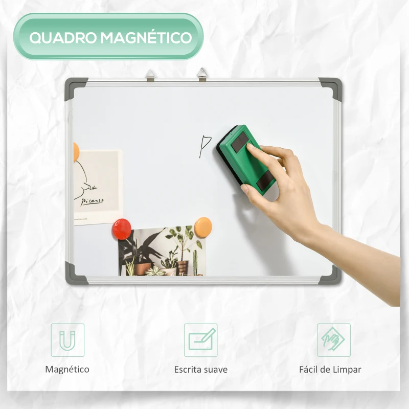HOMCOM Quadro Magnético com Estrutura de Liga de Alumínio 60x45cm Quadro Magnético com Apagador 4 Marcadores e 10 Ímás Branco