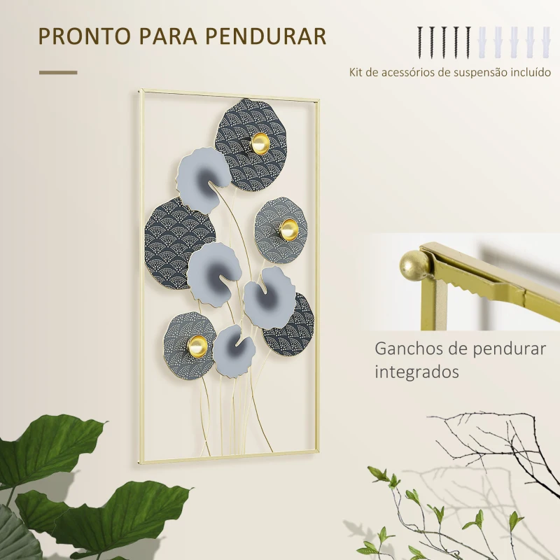 HOMCOM Decoração de Parede de Metal de Folhas de Lótus 3D Arte de Parede Suspensa para Sala de Estar Escritório 50x80cm Multicor