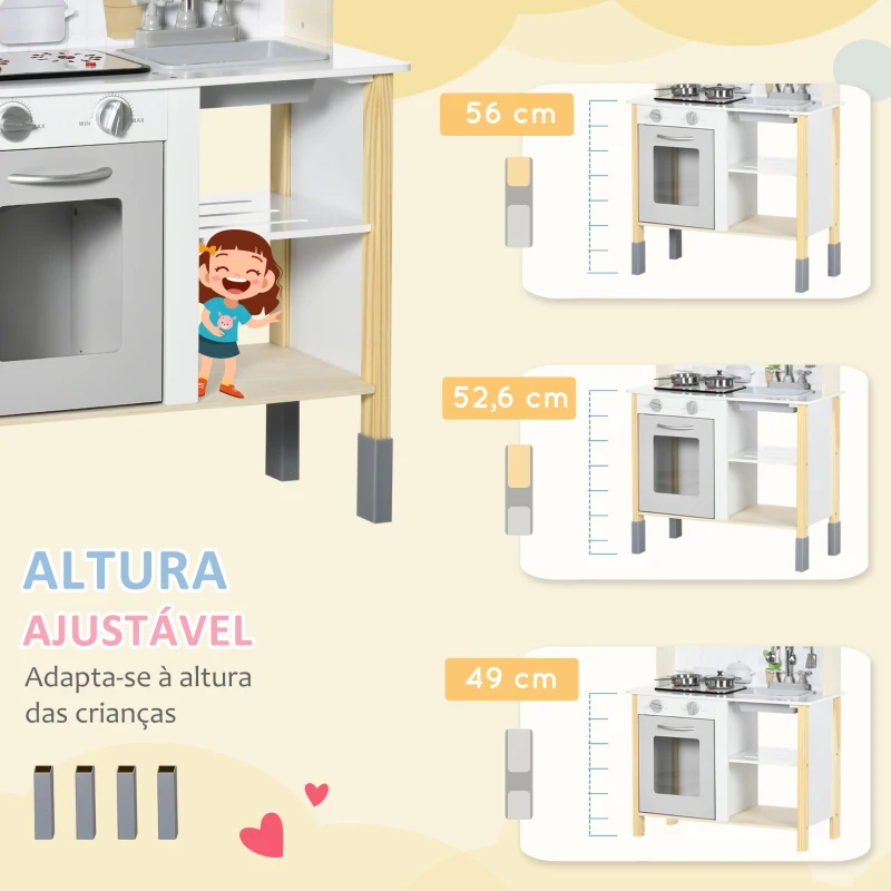 HOMCOM Cozinha Infantil de Madeira Cozinha para Crianças acima de 3 Anos com Altura Ajustável Luz Sons 60x30,5x93,2cm Branco e Cinza