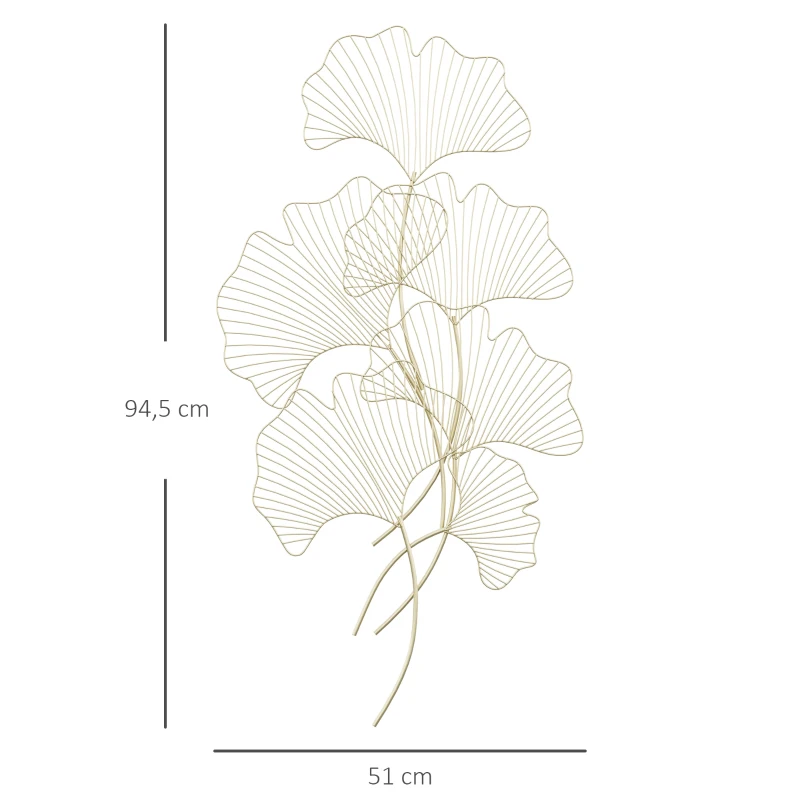 HOMCOM Decoração de Parede de Metal Folhas de Ginkgo 3D Arte de Parede Suspensa  51x94,5cm Dourado