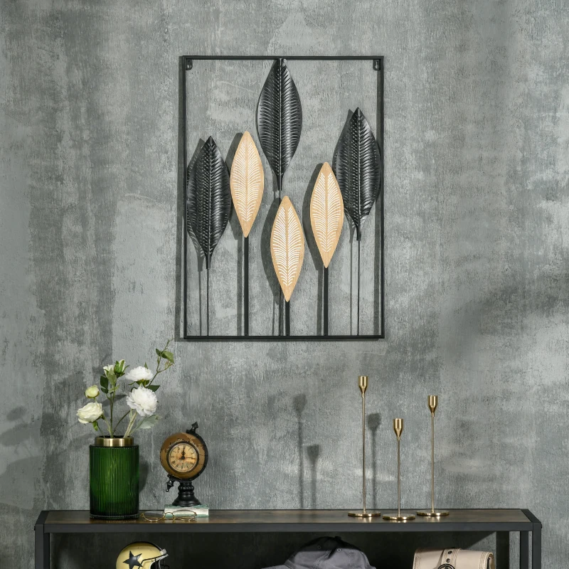 HOMCOM Decoração de Parede de Metal de Folhas de Banana 3D Arte de Parede Suspensa  50x70cm Preto e Bege