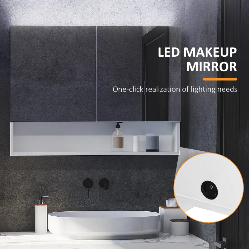 HOMCOM Dulap cu oglinda de perete cu lumini LED, raft deschis si raft intern reglabil, sticla si MDF, 80x15x60cm