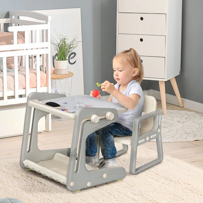 HOMCOM 2 en 1 Pupitre Infantil con Pizarra Juego de Escritorio Convertible y Silla para Niños de 1-3 Años con 3 Rotuladores y 1 Borrador 65x48x66,7 cm Gris y Blanco