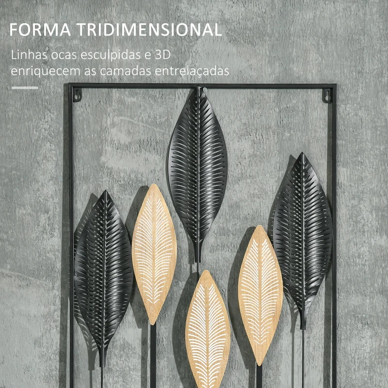 HOMCOM Decoração de Parede de Metal de Folhas de Banana 3D Arte de Parede Suspensa  50x70cm Preto e Bege