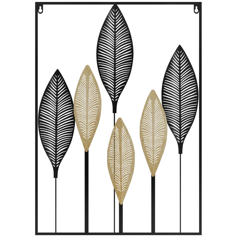 HOMCOM Decoração de Parede de Metal de Folhas de Banana 3D Arte de Parede Suspensa  50x70cm Preto e Bege