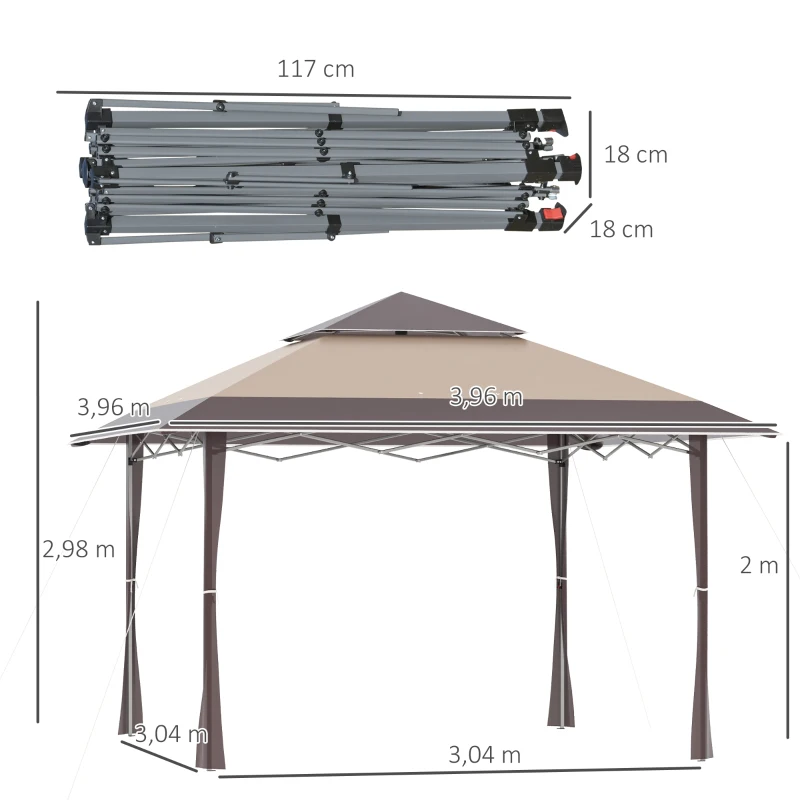 Outsunny Cenador Plegable 4x4 m Carpa de jardín con Doble Techo Altura Ajustable con Bolsa de Transporte de Acero Tela Oxford Protección UV para Fiestas Bodas Caqui y Café