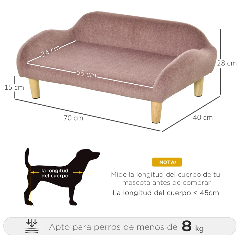 PawHut Sofá para Mascotas Tapizado en Terciopelo Suave Sofá Cama para Perros Gatos Medianos Pequeños Acolchado Grueso con Patas de Madera 70x40x28 cm Rosa