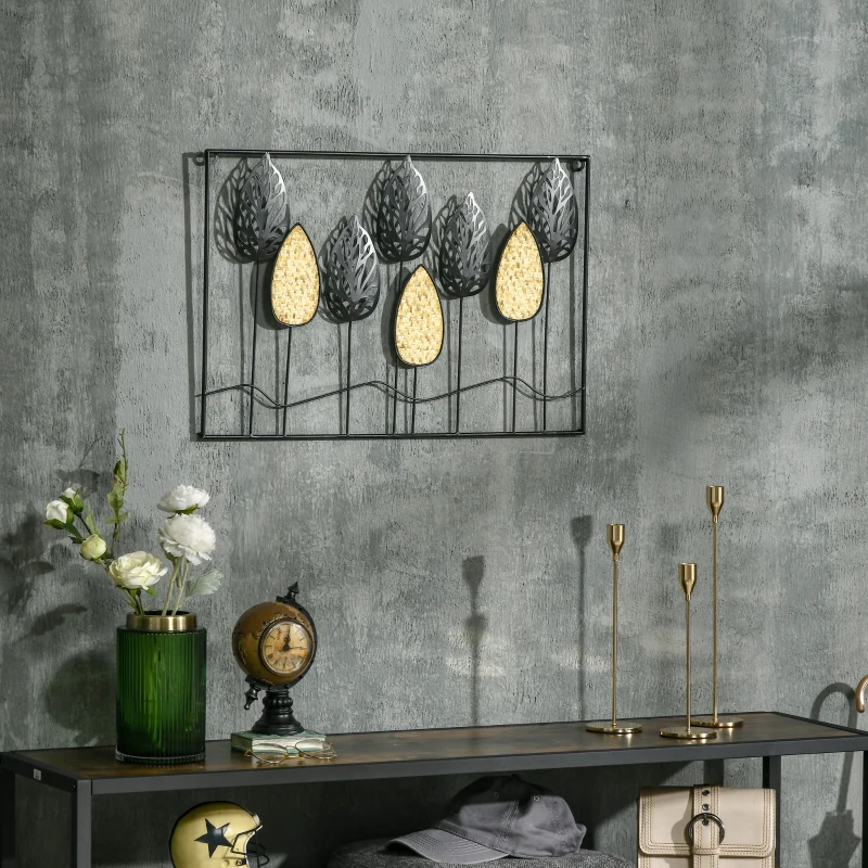 HOMCOM Decoração de Parede de Metal 3D Folhas de Abeto Arte de Parede Suspensa 40x60cm Preto e Amarelo