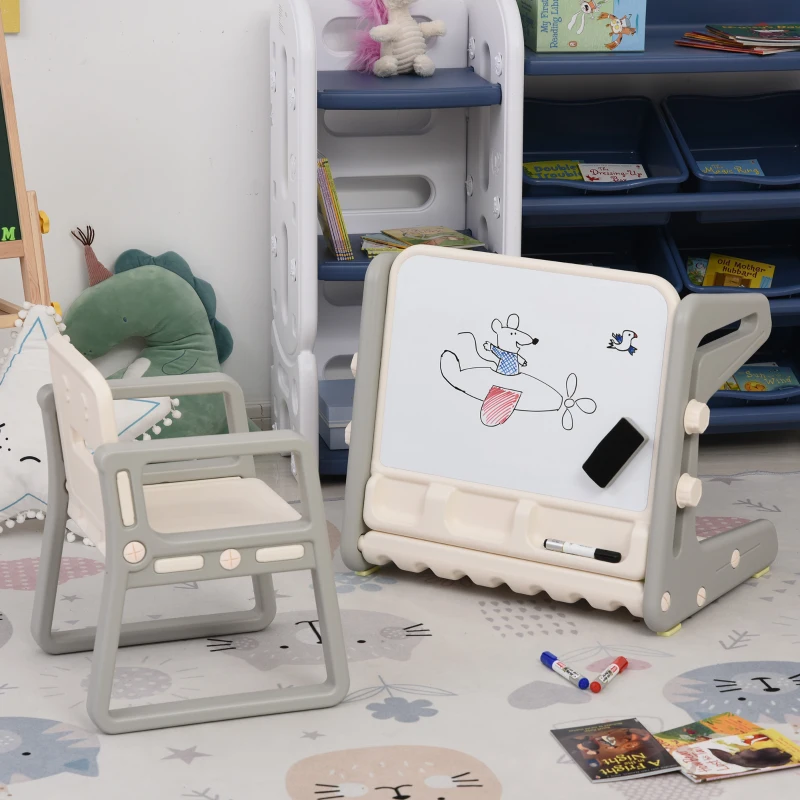 HOMCOM 2 en 1 Pupitre Infantil con Pizarra Juego de Escritorio Convertible y Silla para Niños de 1-3 Años con 3 Rotuladores y 1 Borrador 65x48x66,7 cm Gris y Blanco