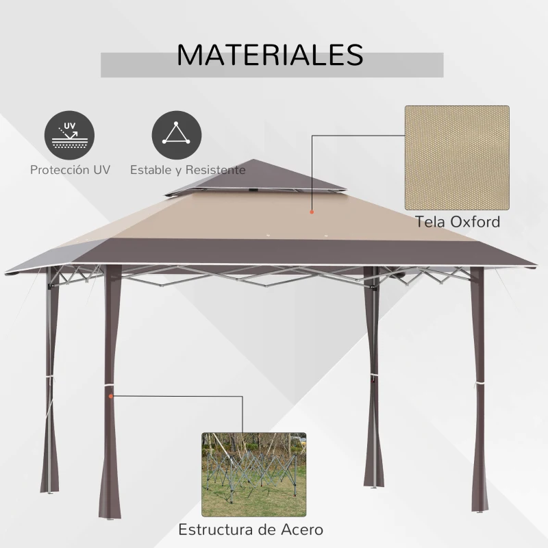 Outsunny Cenador Plegable 4x4 m Carpa de jardín con Doble Techo Altura Ajustable con Bolsa de Transporte de Acero Tela Oxford Protección UV para Fiestas Bodas Caqui y Café