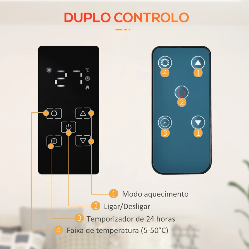 HOMCOM Aquecedor Elétrico 1000W/2000W Aquecedor por Convecção de Parede com Ecrã LED Termostato Regulável 78x24x52 cm Preto