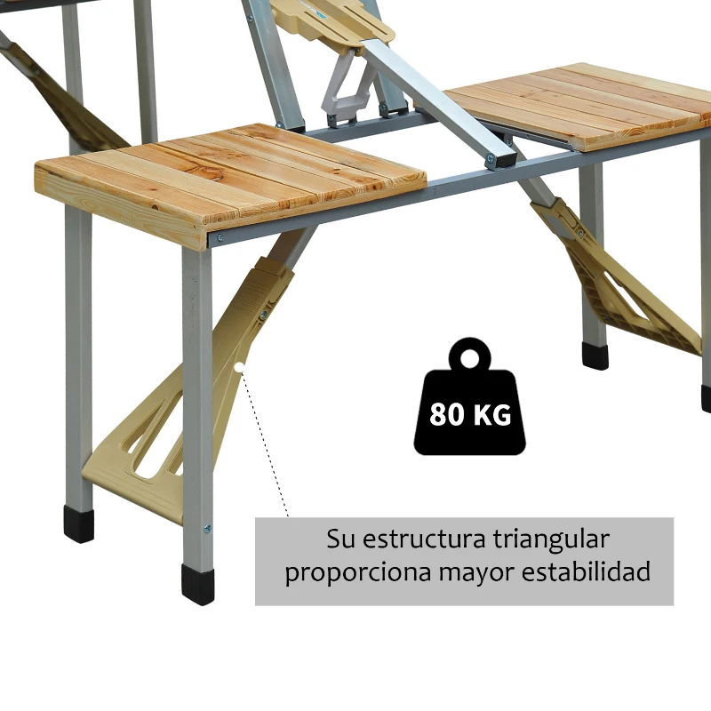 Outsunny Mesa Plegable para Camping Picnic Playa con 4 Asientos y Agujero de Sombrilla Marco de Aluminio 138x85x68 cm Natural