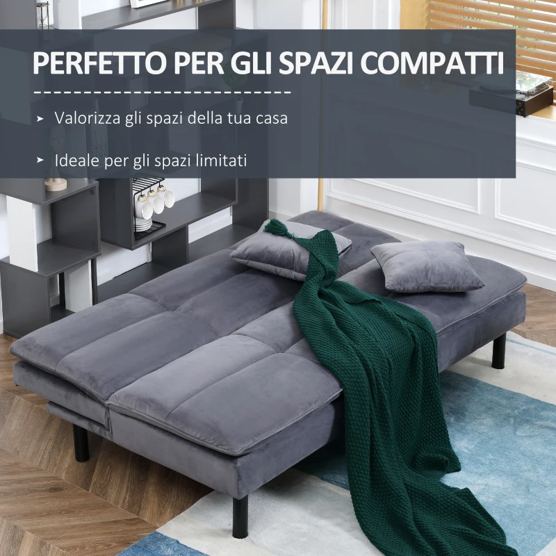HOMCOM Divano Letto 2 Posti in Tessuto Effetto Velluto Grigio con Schienale Regolabile su 2 Livelli e Seduta Imbottita