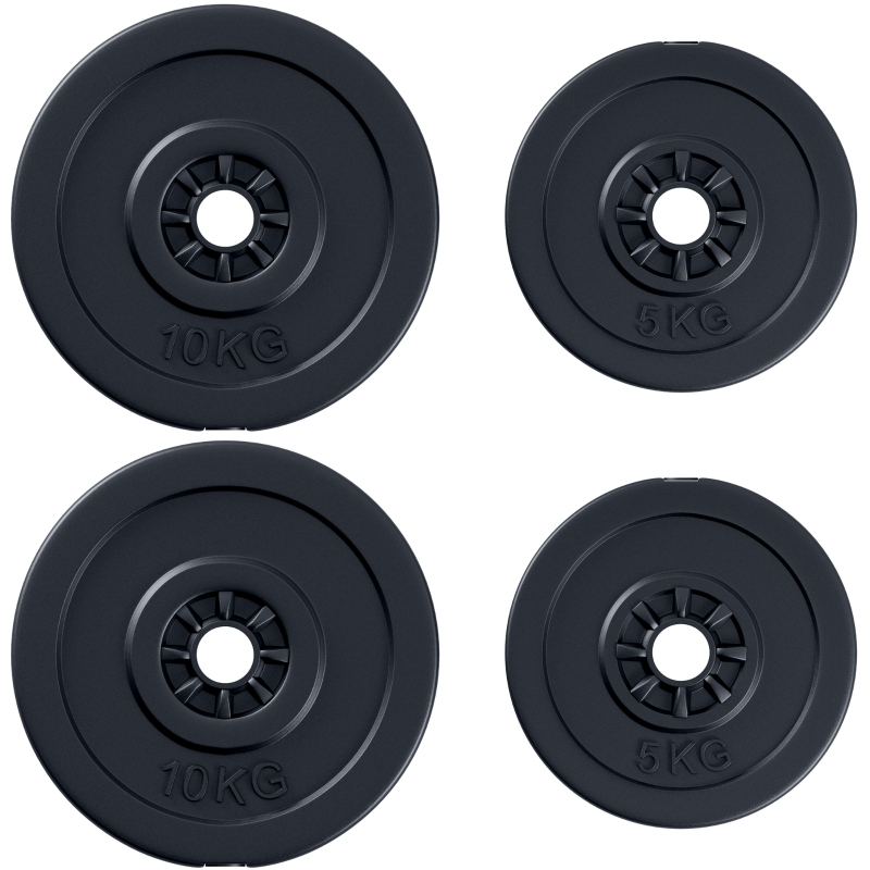HOMCOM Juego de 4 Discos de Pesas de 5 kg y 10 kg con Orificio de Ø25 mm para Entrenamiento de Fuerza Levantamiento de Pesas Negro