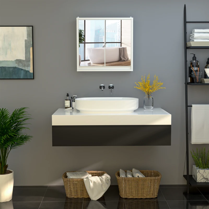 HOMCOM Armário de Casa de Banho com Espelho Móvel Suspenso de Casa de Banho com Prateleira Interior Ajustável 48x14,5x45 cm Branco