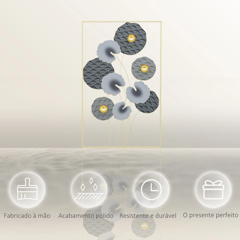 HOMCOM Decoração de Parede de Metal de Folhas de Lótus 3D Arte de Parede Suspensa para Sala de Estar Escritório 50x80cm Multicor