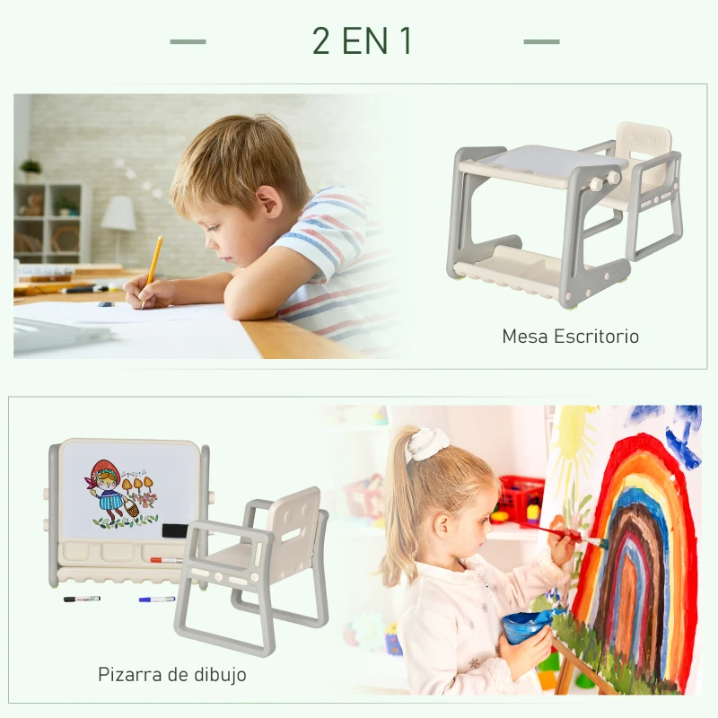 HOMCOM 2 en 1 Pupitre Infantil con Pizarra Juego de Escritorio Convertible y Silla para Niños de 1-3 Años con 3 Rotuladores y 1 Borrador 65x48x66,7 cm Gris y Blanco