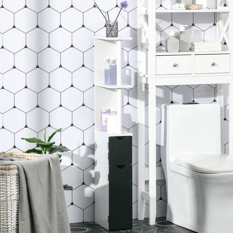 kleankin Armário Casa de Banho com 2 Portas e 2 Prateleiras Abertas Coluna Auxiliar  Estilo Moderno 15,2x29,8x118cm Branco Preto