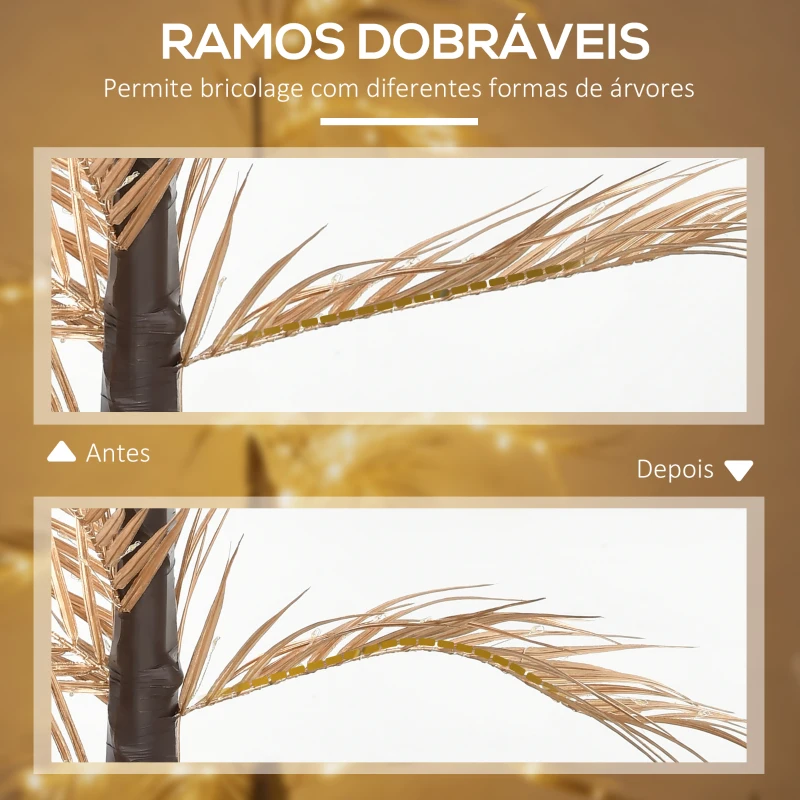 HOMCOM Árvore Palmeira com 150 Luzes LED IP44 Branco Quente Árvore Decorativa para Festas Interior 21x21x150cm Dourado