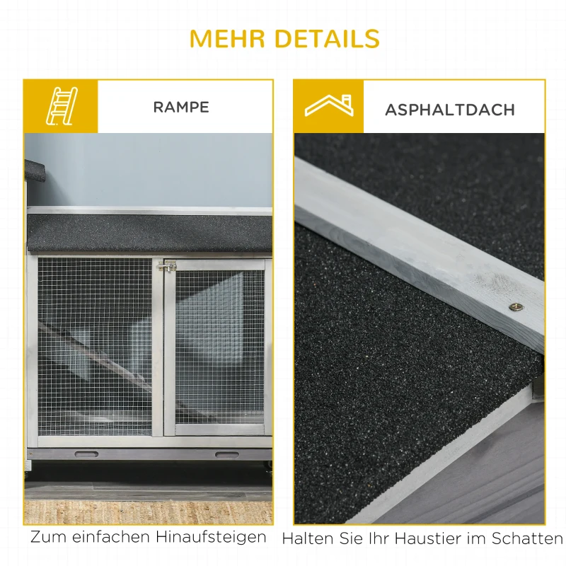 Klatka dla królików PawHut na kółkach wybieg zewnętrzny asfaltowy dach domek dla małych zwierząt wybieg dla 3 królików dwupoziomowy jodła stal kolor szary 157,4 x 53 x 99,5 cm