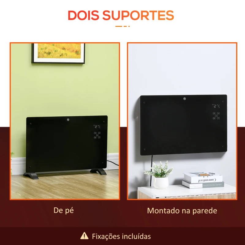 HOMCOM Aquecedor Elétrico 1000W/2000W Aquecedor por Convecção de Parede com Ecrã LED Termostato Regulável 78x24x52 cm Preto