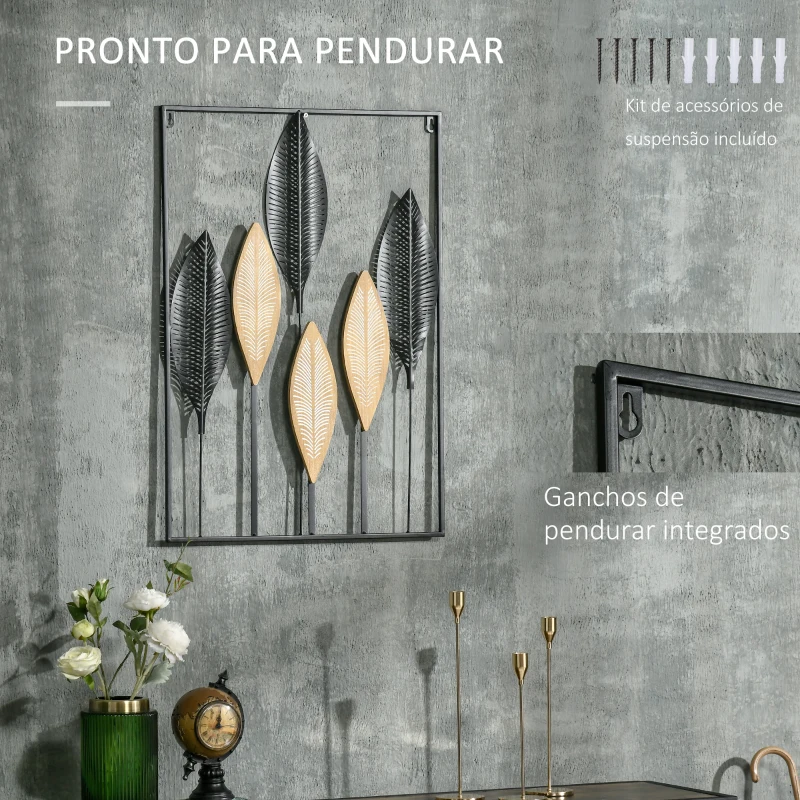 HOMCOM Decoração de Parede de Metal de Folhas de Banana 3D Arte de Parede Suspensa  50x70cm Preto e Bege
