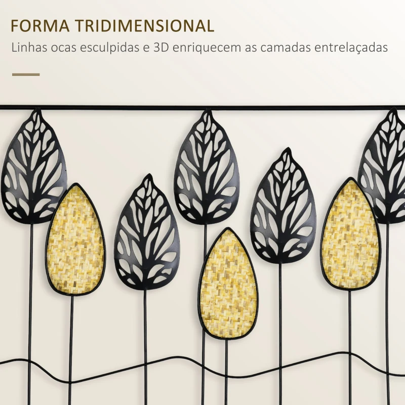 HOMCOM Decoração de Parede de Metal 3D Folhas de Abeto Arte de Parede Suspensa 40x60cm Preto e Amarelo