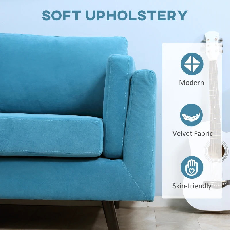HOMCOM Divano 2 Posti Moderno con Braccioli Imbottiti, in Tessuto Effetto Velluto e Gambe in Legno, 170x90x85 cm, Blu