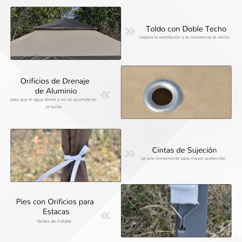 Outsunny Cenador Plegable 4x4 m Carpa de jardín con Doble Techo Altura Ajustable con Bolsa de Transporte de Acero Tela Oxford Protección UV para Fiestas Bodas Caqui y Café