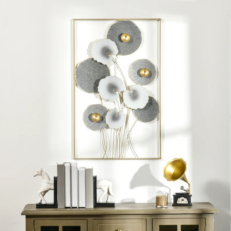 HOMCOM Decoração de Parede de Metal de Folhas de Lótus 3D Arte de Parede Suspensa para Sala de Estar Escritório 50x80cm Multicor