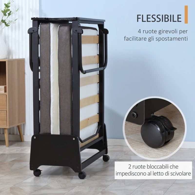 HOMCOM Brandina Pieghevole con Materasso da 10cm, Struttura in Acciaio con Ruote e Doghe, 80x200cm