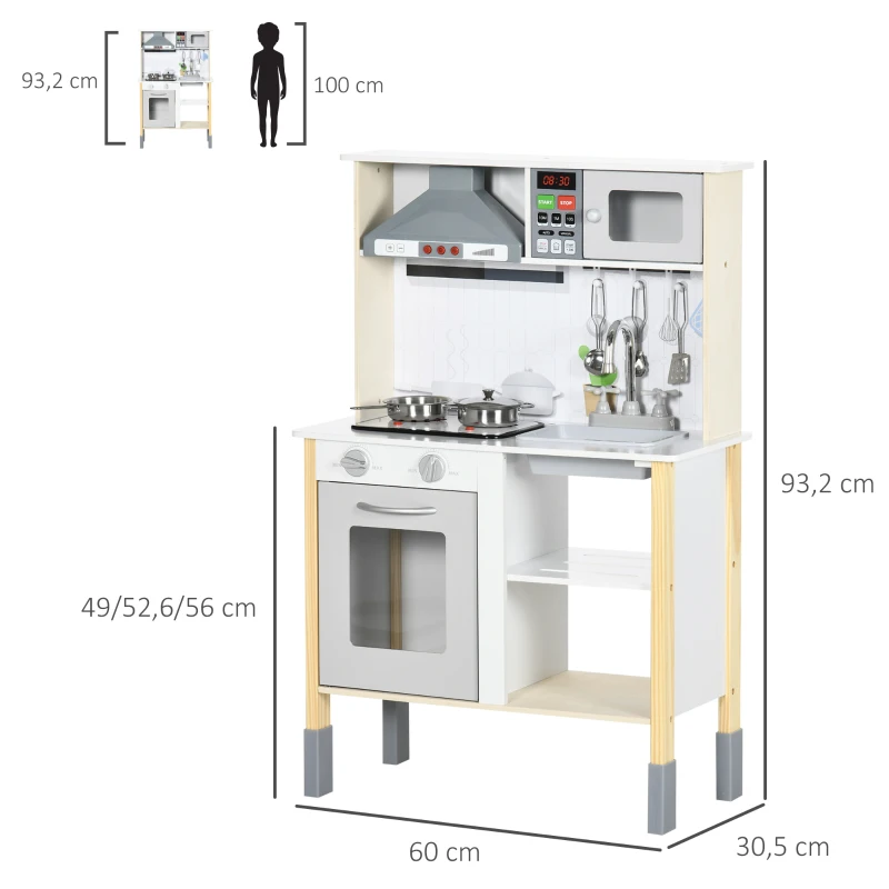 HOMCOM Cozinha Infantil de Madeira Cozinha para Crianças acima de 3 Anos com Altura Ajustável Luz Sons 60x30,5x93,2cm Branco e Cinza