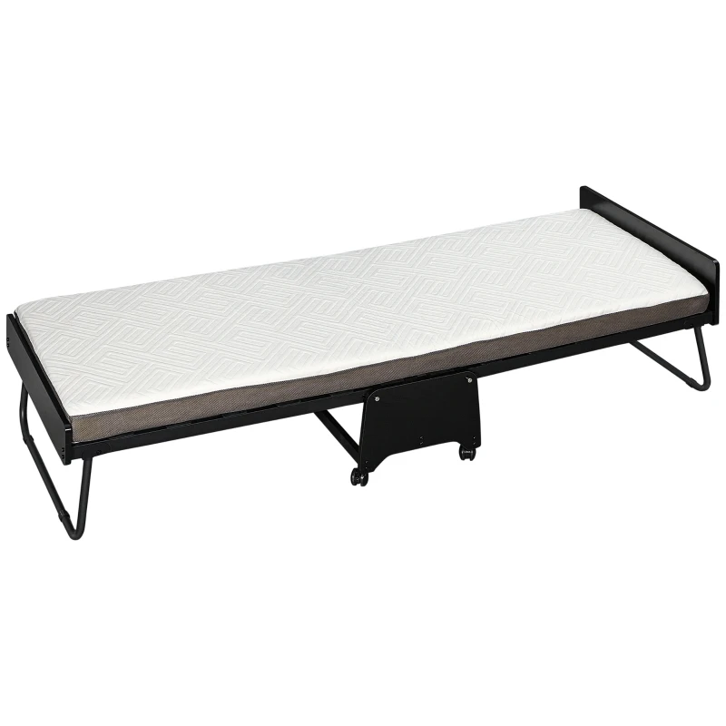 HOMCOM Brandina Pieghevole con Materasso da 10cm, Struttura in Acciaio con Ruote e Doghe, 80x200cm