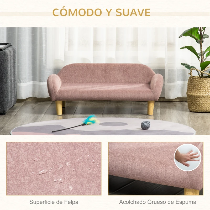 PawHut Sofá para Mascotas Tapizado en Terciopelo Suave Sofá Cama para Perros Gatos Medianos Pequeños Acolchado Grueso con Patas de Madera 70x40x28 cm Rosa