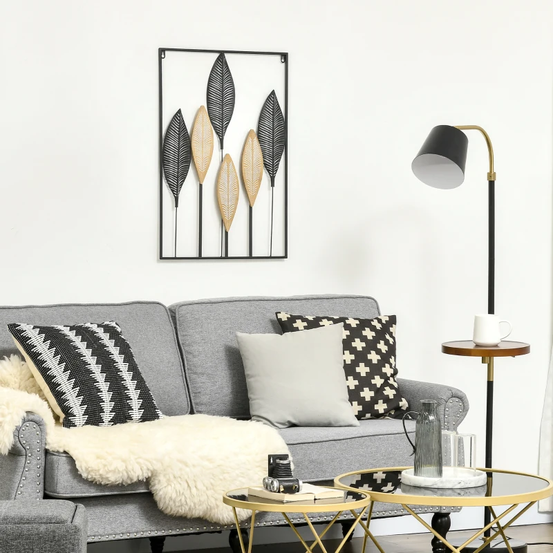HOMCOM Decoração de Parede de Metal de Folhas de Banana 3D Arte de Parede Suspensa  50x70cm Preto e Bege