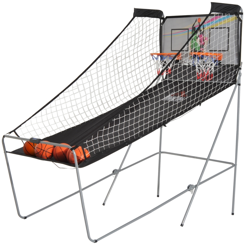 HOMCOM Juego de Canastas de Baloncesto Plegables y Portátiles con Contador Electrónico Doble y 4 Pelotas de Baloncesto 205x110x205cm (PxANxAL)