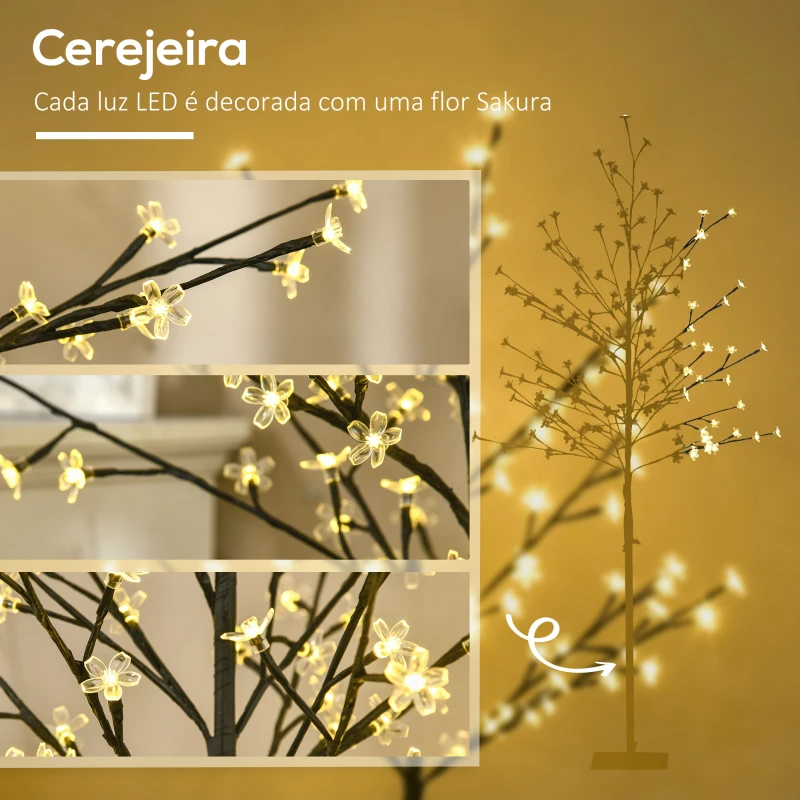 HOMCOM Árvore Cerejeira com 150 Luzes LED IP44 Branco Quente Árvore Decorativa com Ramos Flexíveis para Interior 17x17x150cm Preto