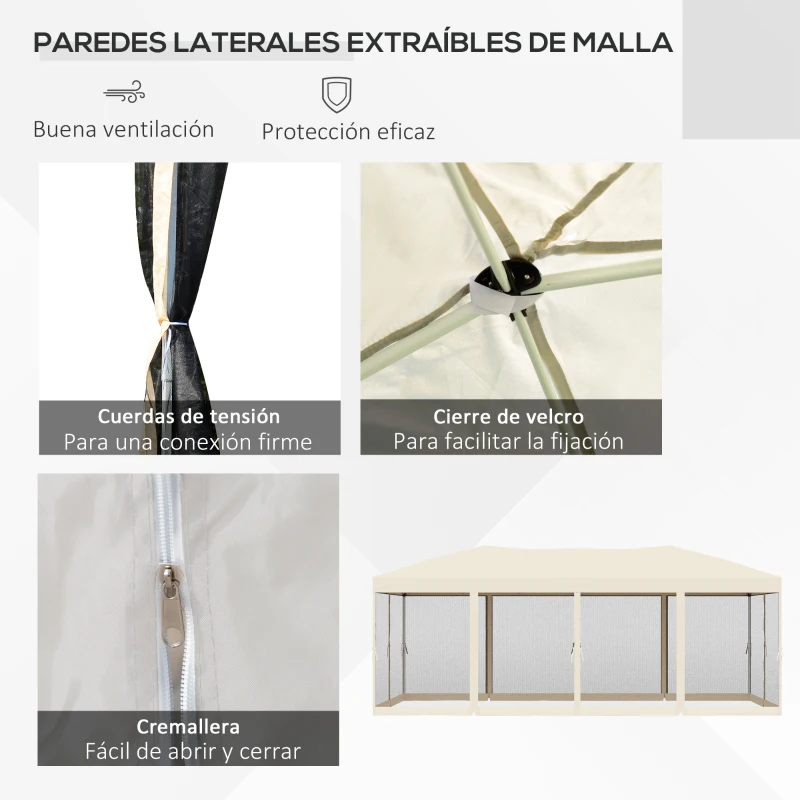 Outsunny Carpa Plegable 6x3 m Cenador para Jardín Gazebo con 6 Cortinas Mosquitera y Cremallera Bolsa de Transporte Impermeable para Exterior Crema