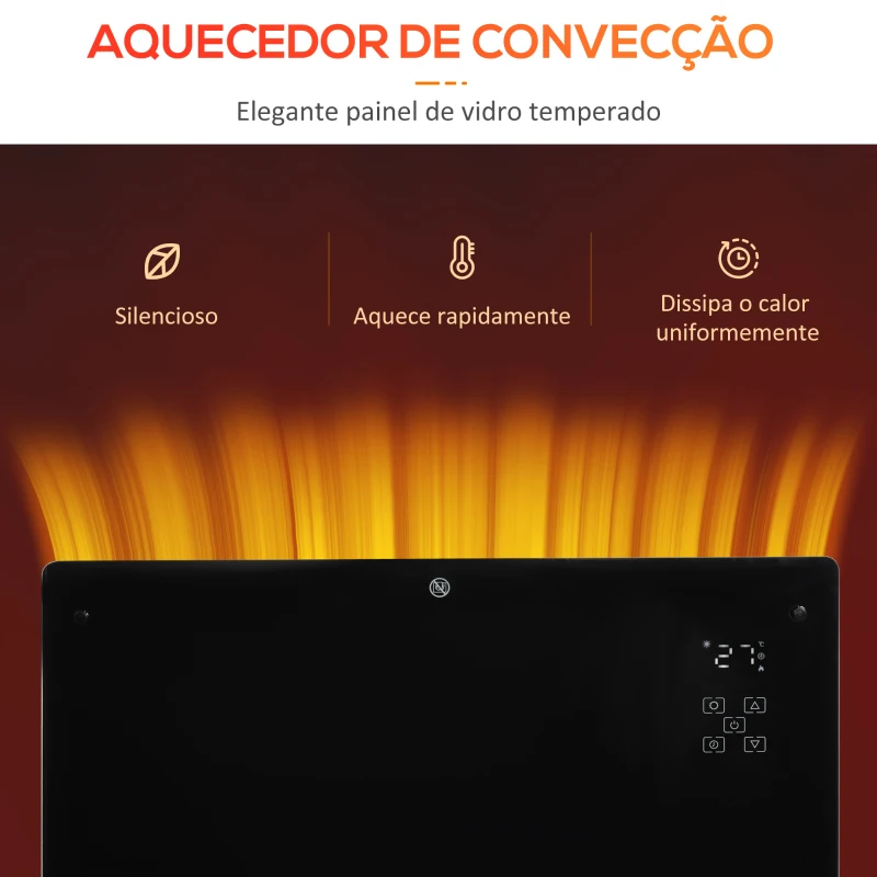 HOMCOM Aquecedor Elétrico 1000W/2000W Aquecedor por Convecção de Parede com Ecrã LED Termostato Regulável 78x24x52 cm Preto