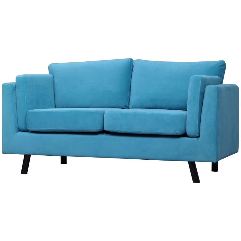 HOMCOM Divano 2 Posti Moderno con Braccioli Imbottiti, in Tessuto Effetto Velluto e Gambe in Legno, 170x90x85 cm, Blu