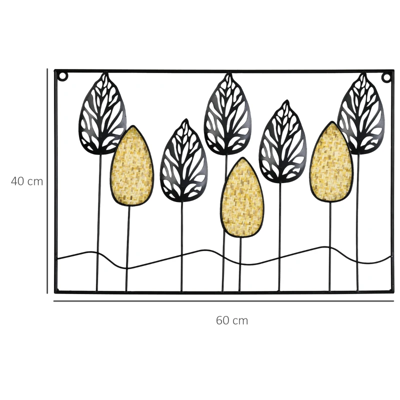 HOMCOM Decoração de Parede de Metal 3D Folhas de Abeto Arte de Parede Suspensa 40x60cm Preto e Amarelo