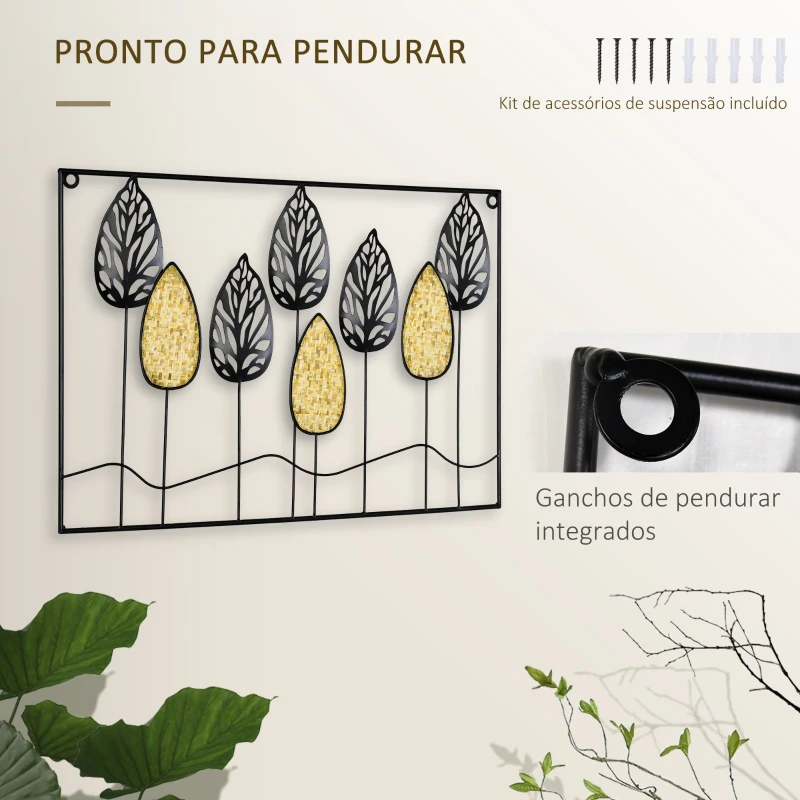 HOMCOM Decoração de Parede de Metal 3D Folhas de Abeto Arte de Parede Suspensa 40x60cm Preto e Amarelo
