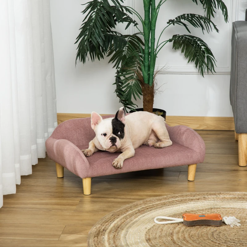 PawHut Sofá para Mascotas Tapizado en Terciopelo Suave Sofá Cama para Perros Gatos Medianos Pequeños Acolchado Grueso con Patas de Madera 70x40x28 cm Rosa